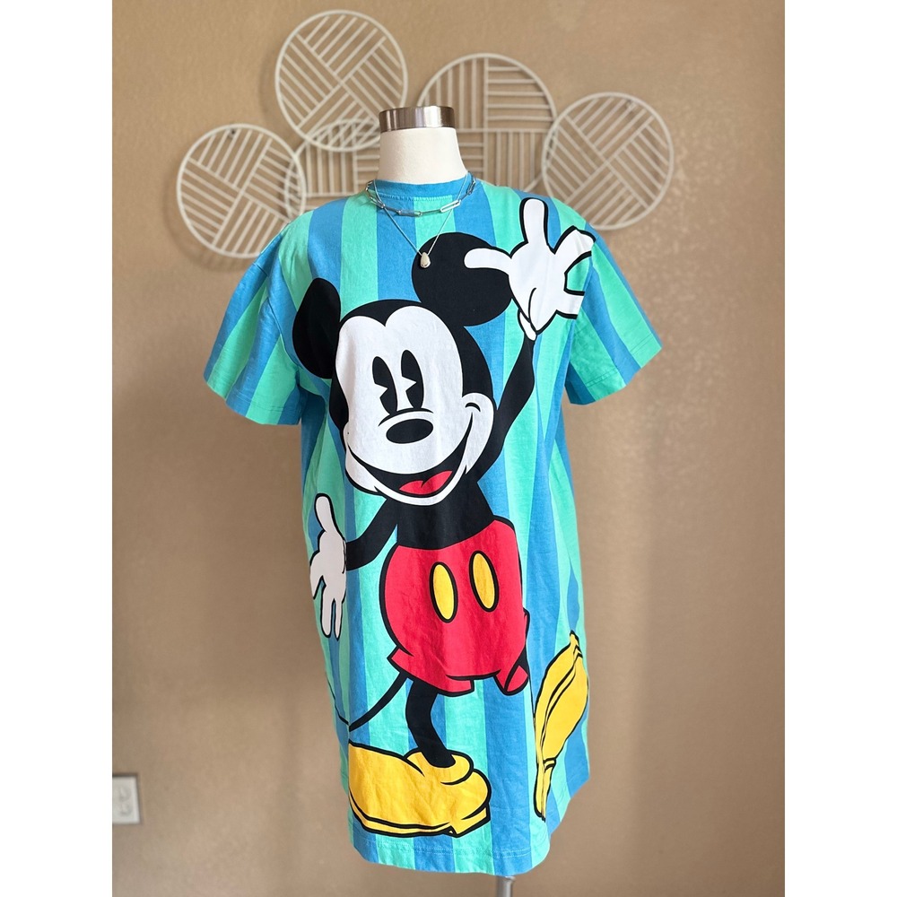 Disney Mickey & Co Striped T-Shirt Dress Teal Blue Mickey Mouse Graphic Large